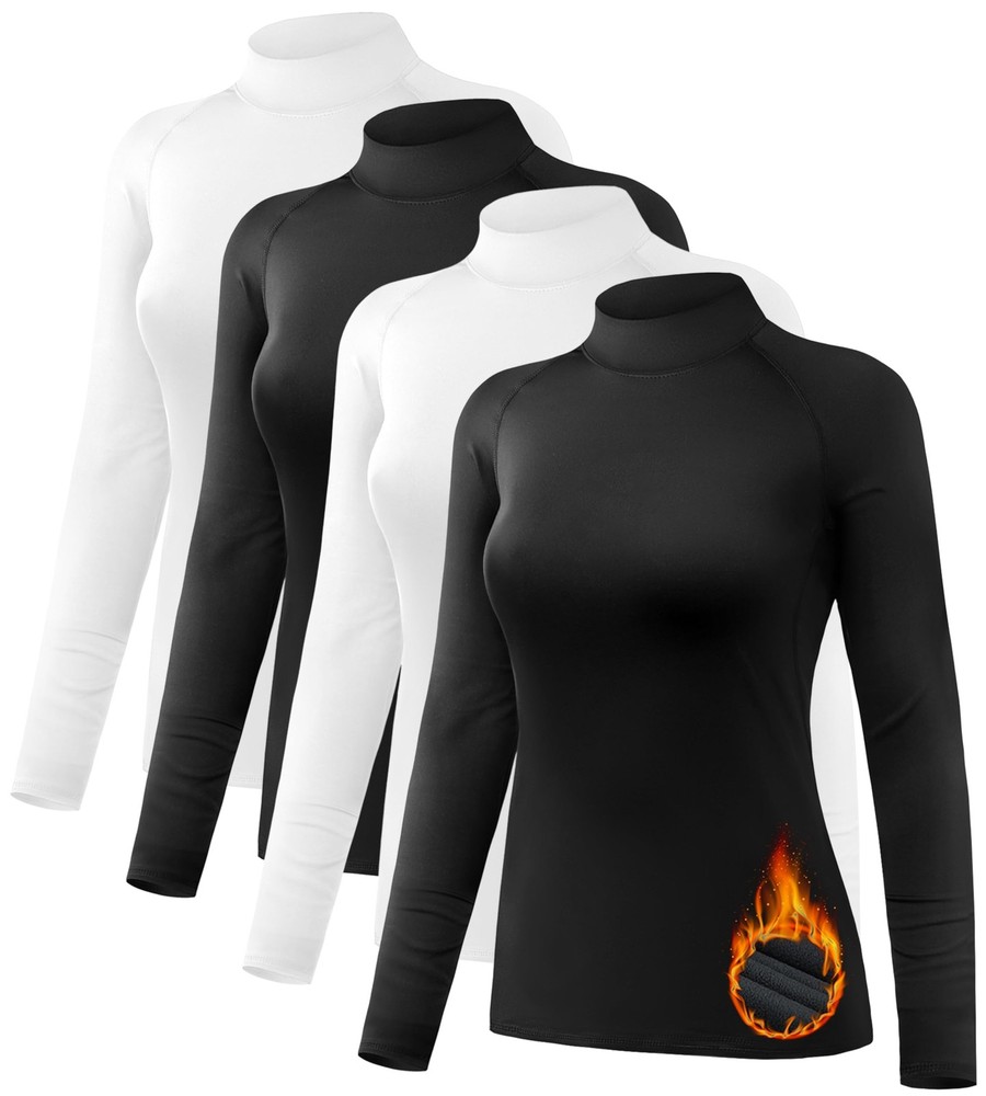 4 Pack Women's Thermal Shirts Fleece Lined Mock Turtle Neck Tops Compression ...
