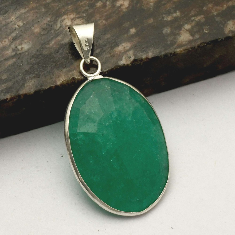 Simulated Emerald Gemstone Handmade Ethnic Pendant Jewelry Gift 2.08 Inches