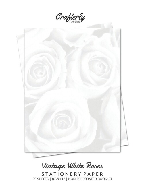 Vintage White Roses Stationery Paper Set - 25 Floral Letter Sheets for Home & Office by Crafterly Paperie