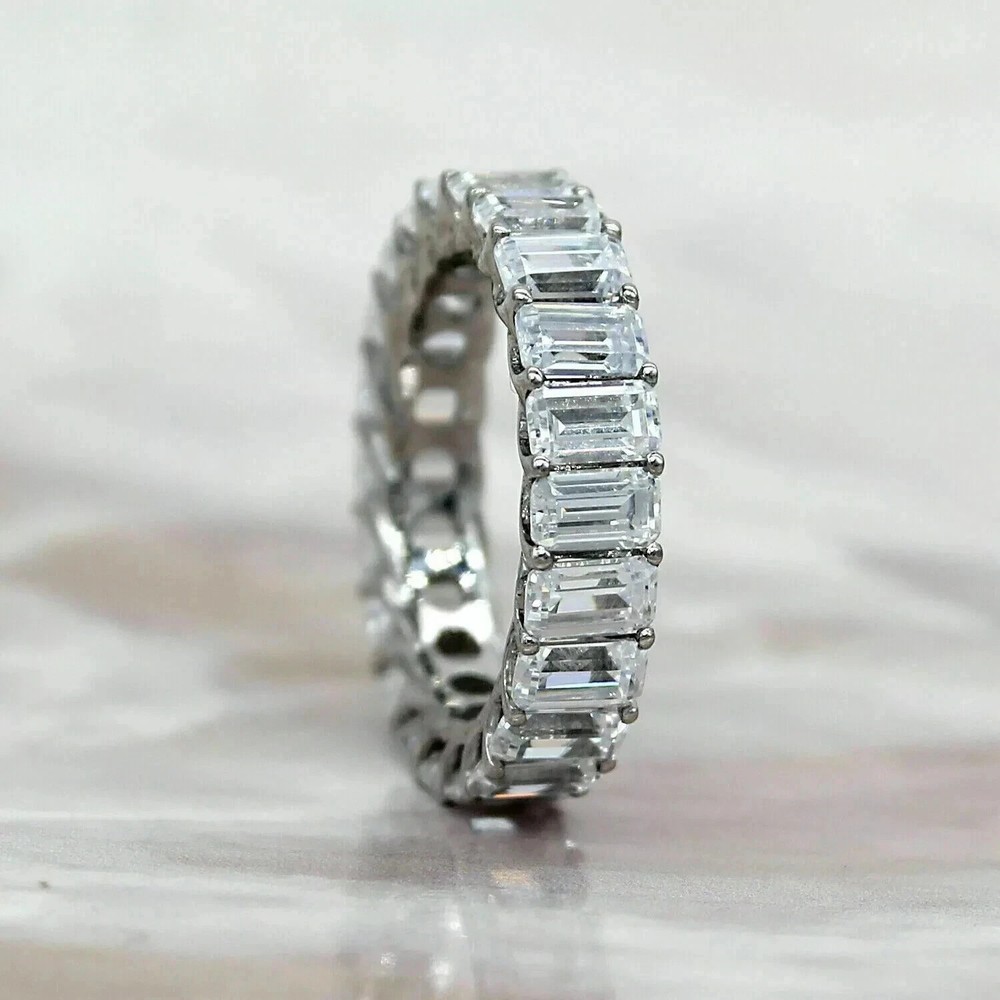 4Ct  Lab Created Emerald Cut Diamond Eternity Band Ring 14K White Gold Plated