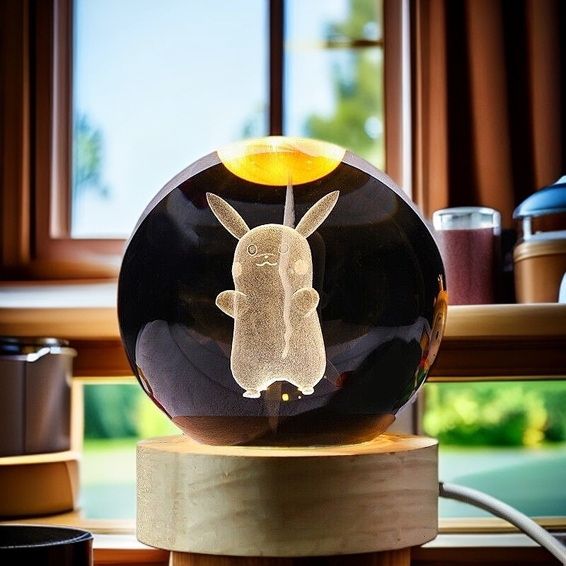 3D Carved Pikachu Crystal Ball Night Light with Wooden Base Kids Gift Healing Decor