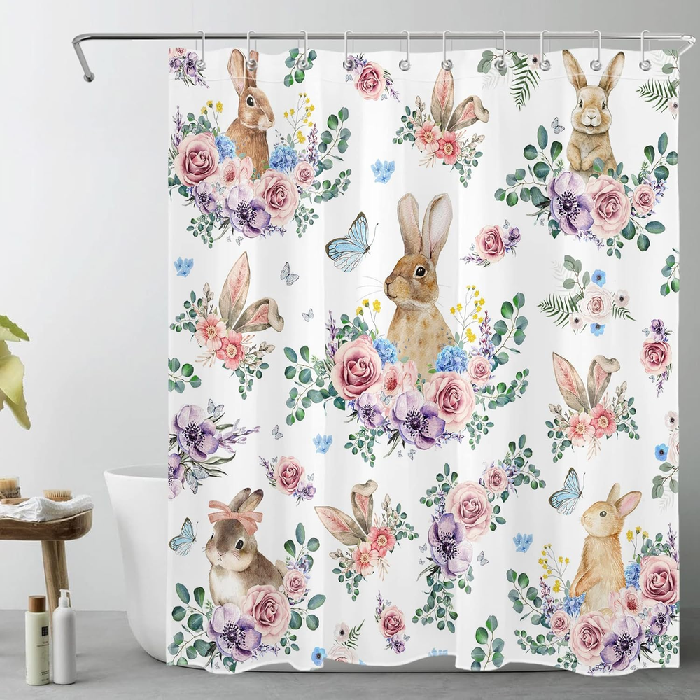 Easter Rabbit Shower Curtain for Bathroom,Colorful Floral 60''Wx72''L White