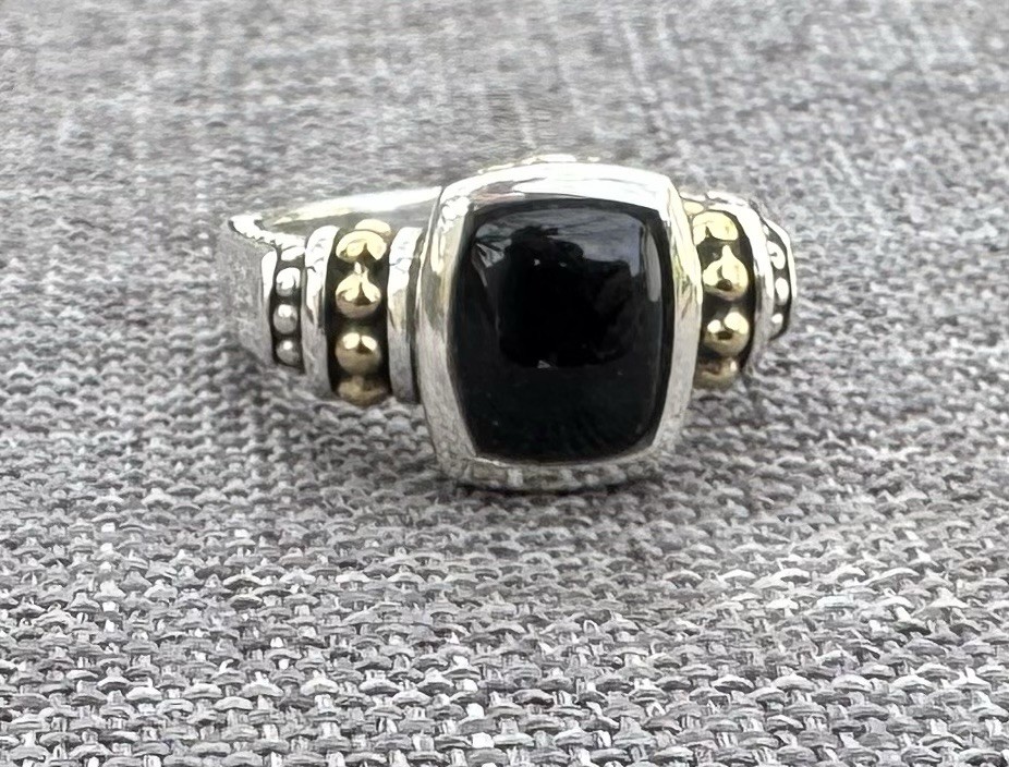Lagos Caviar Ring 18K Gold Sterling Silver Bezel Set Onyx Size 7 Deco Modernist