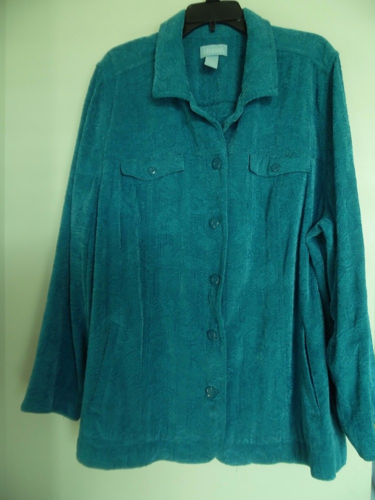 Liz & Me Teal  Floral Button Front Jacket Sz 2X 22/24W  Long Sleeve