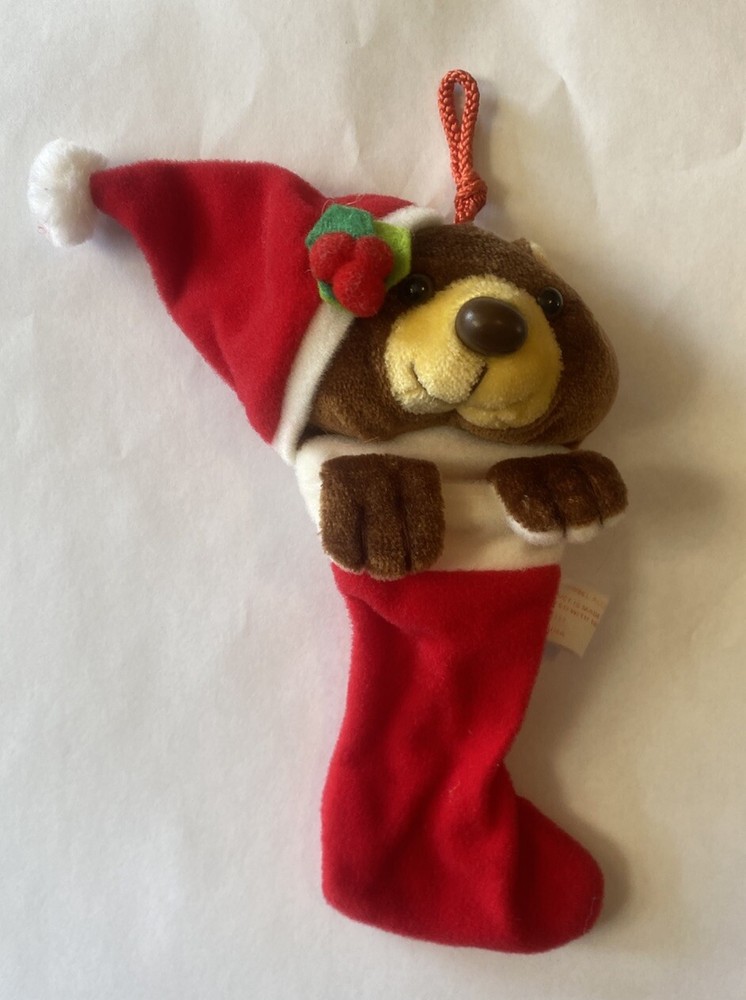 VTG 1989 Mini Christmas Tree Ornament Stocking Plush Bear Reindeer Dog