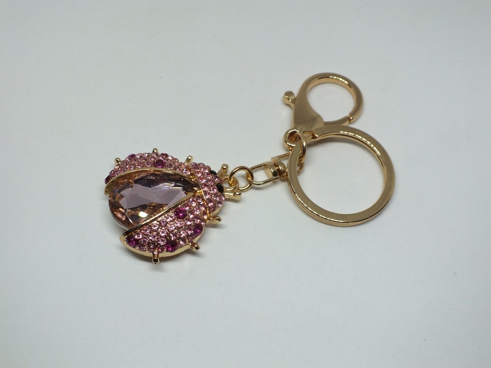 Beautiful Key Chain Purse Clip Gold Tone Ladybug Pink Red Black Rhinestones 4