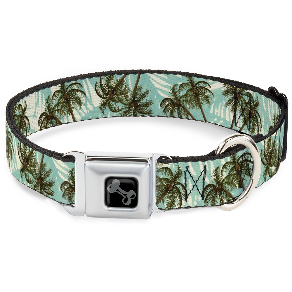 Dog Collar Bone Palm Trees Swaying Tan/Teal WIDE-Medium 16-23