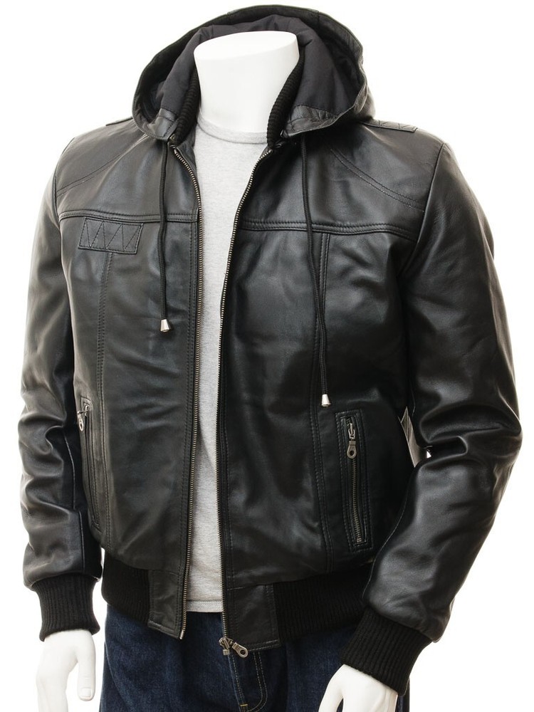 Men's Vintage Genuine Lambskin Distressed Black Leather Jacket with Removal Hood