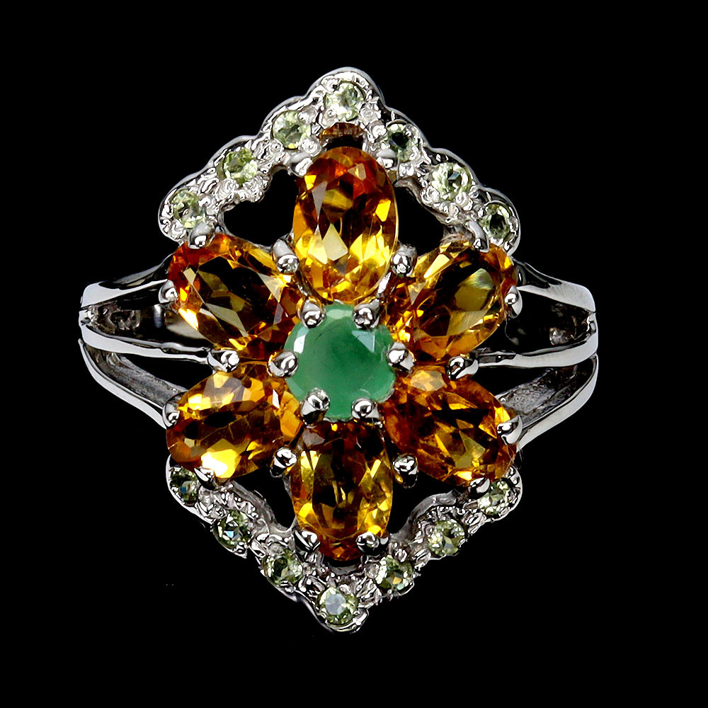 925 Sterling Silver Oval Citrine Emerald Peridot Ring Size 8 Gemstone Jewelry
