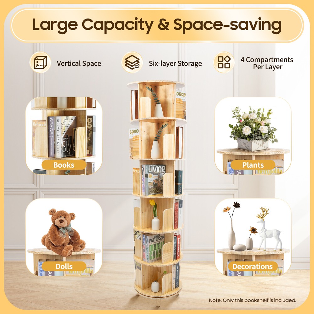 6-Tier 360° Rotating Floor Bookcase with Display Storage Rack