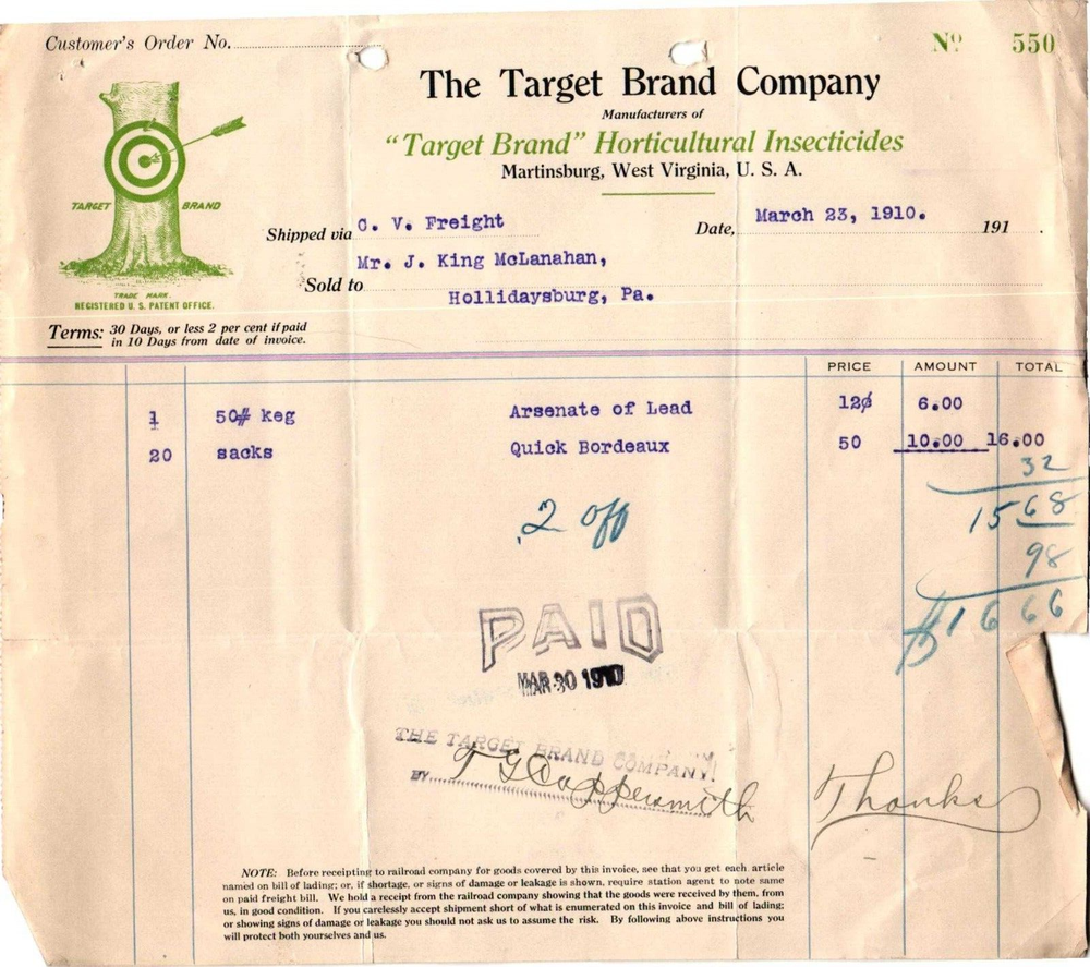 Vintage 1910 BILLHEAD*TARGET BRAND Horticultural Insecticides*MARTINSBURG WV*M17