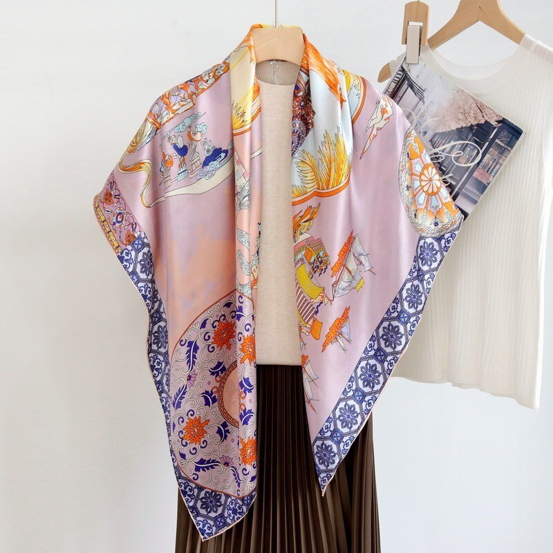 Vintage Print 100% Mulberry Silk Wrap Shawl Bandanna Stole Square Scarf 43