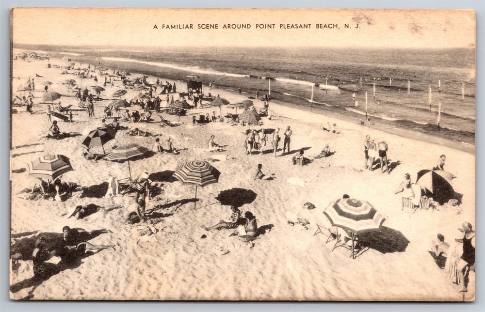 Vintage 1910s Beach Scene Ocean Sand Umbrellas Postcard Point Pleasant NJ