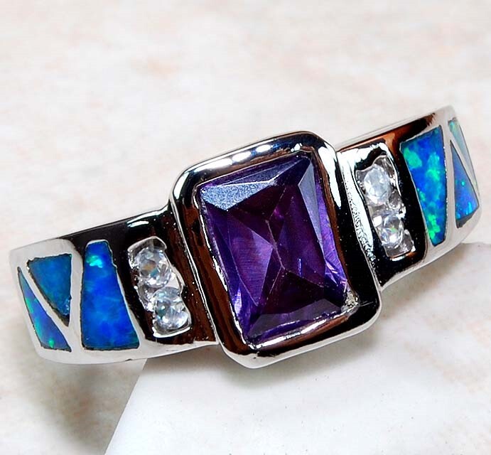 1CT Amethyst Australian Opal Inlay Solid 925 Sterling Silver Ring Size 8 BA4