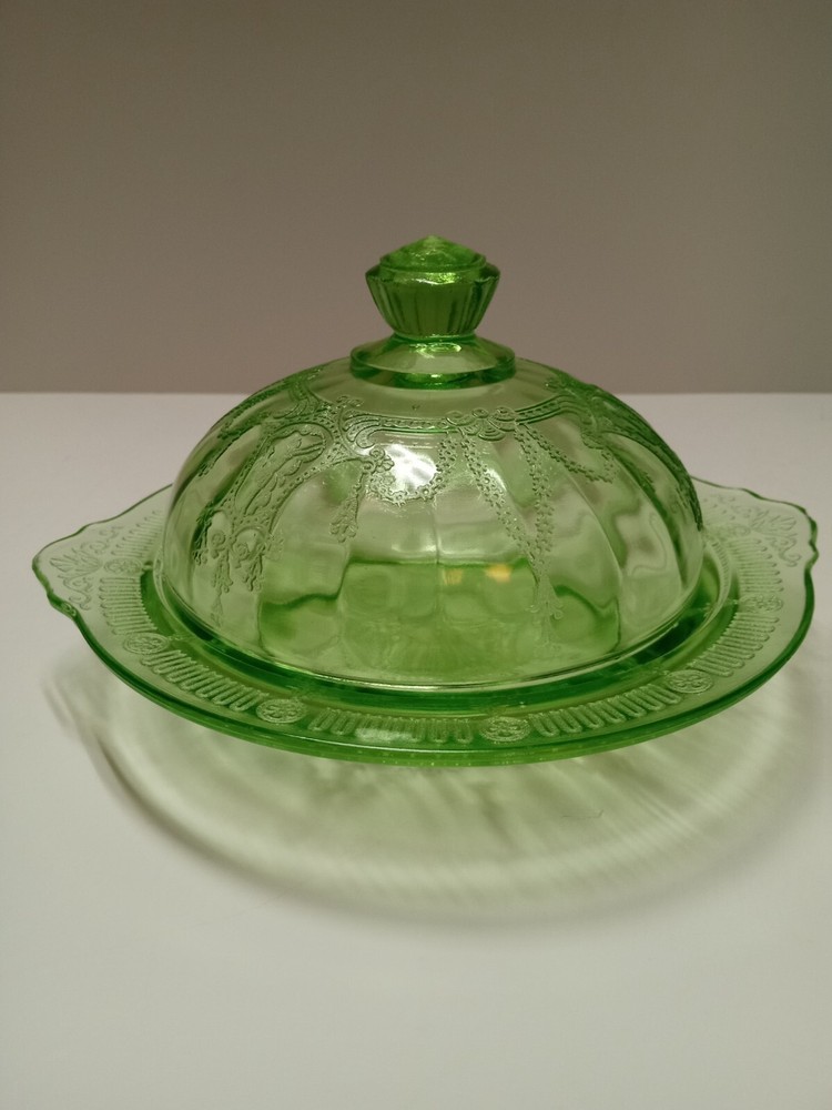 Vintage Anchor Hocking Cameo Ballerina Uranium Green Glass Butter Dish