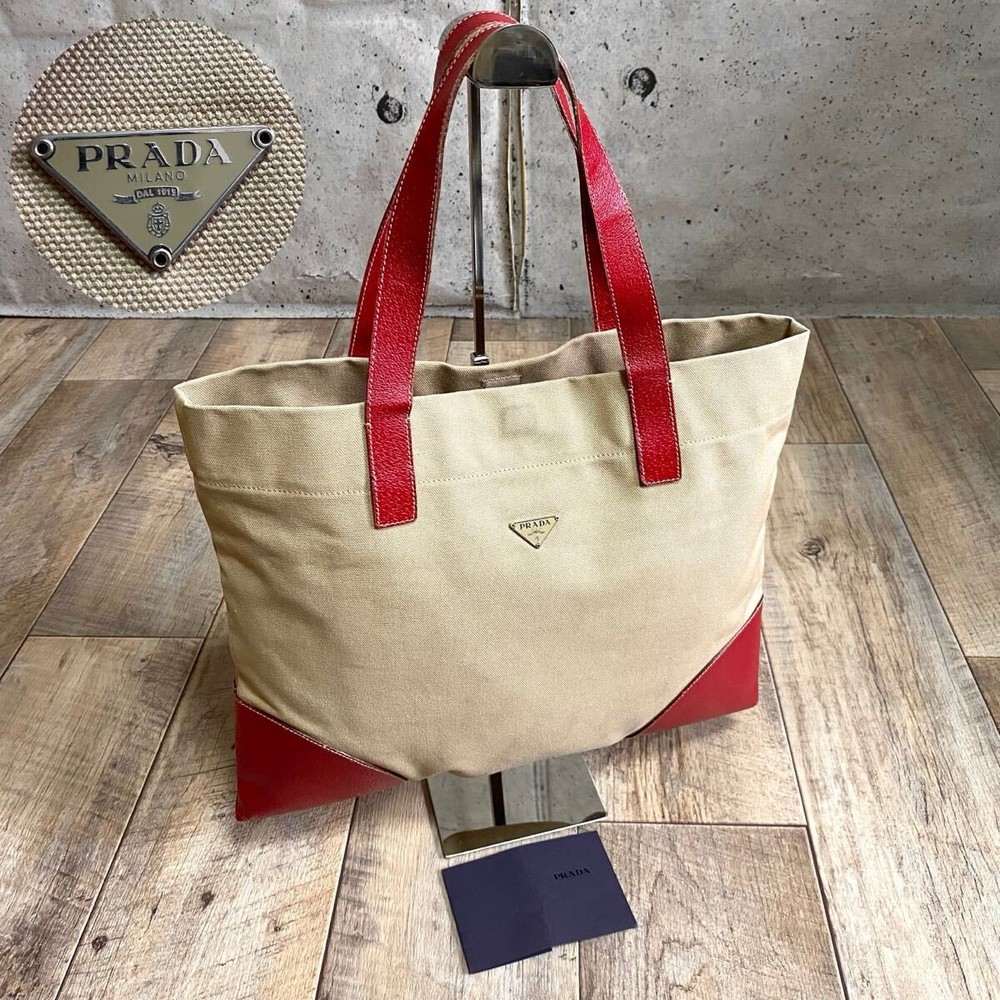 RARE Authentic PRADA Beige Red Leather Triangle Logo Canvas Tote Handbag