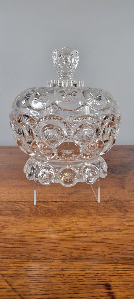 LE Smith Moon and Stars Compote Lidded Candy Dish Clear Glass Vintage