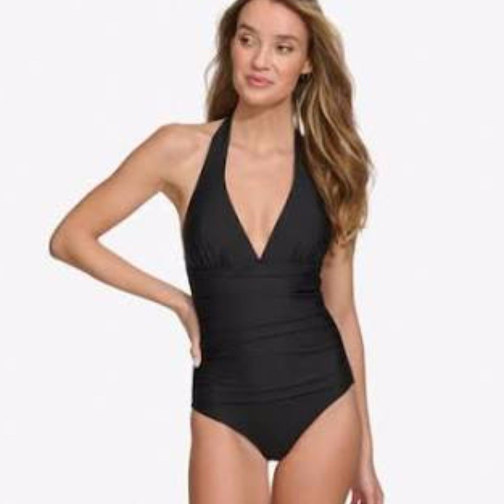 DKNY Halter Mio Black One Piece Swimsuit NWT Retail $80 Size L