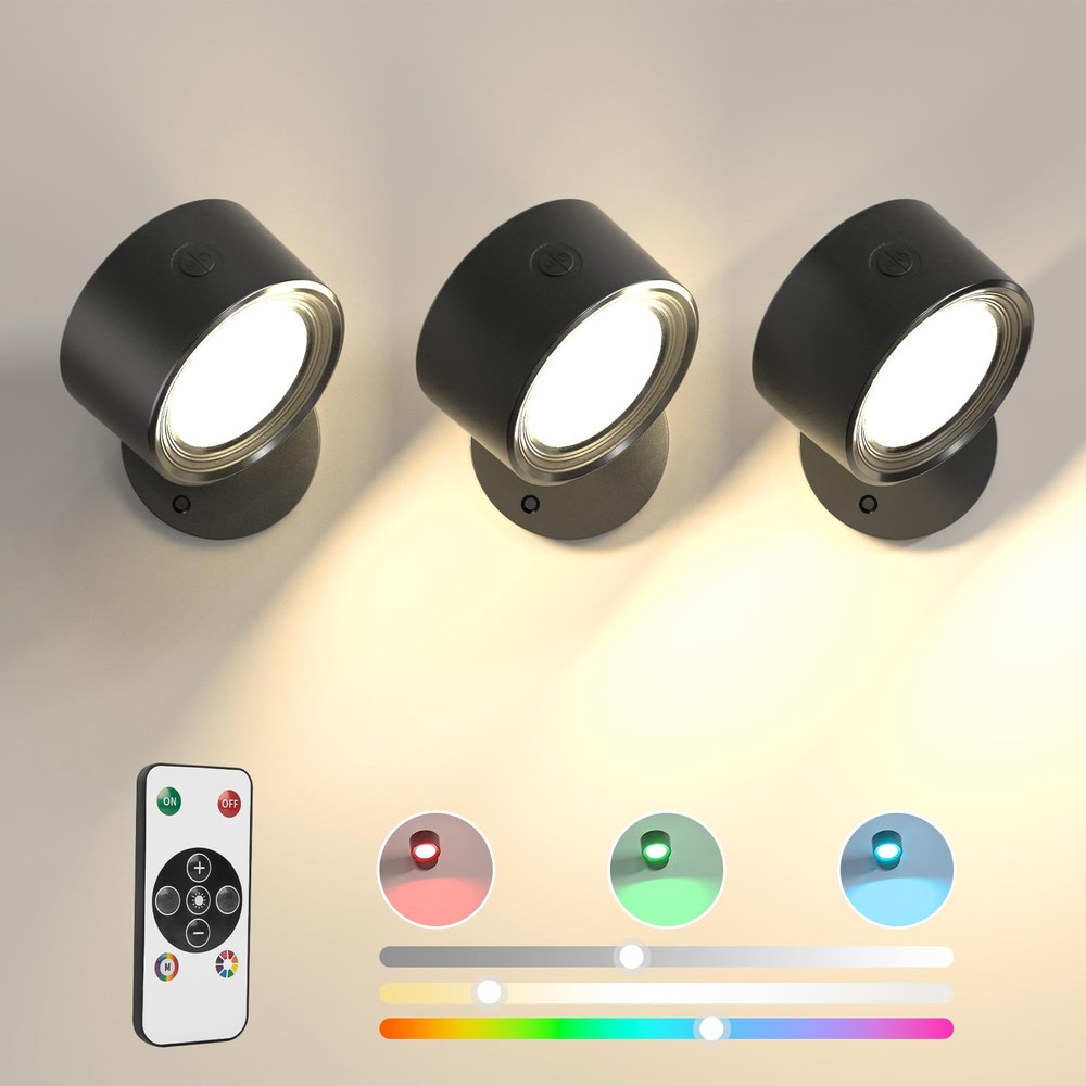 3-Pack RGB LED Wall Lights with Remote, 3000mAh Rechargeable Ambiance Sconces  
