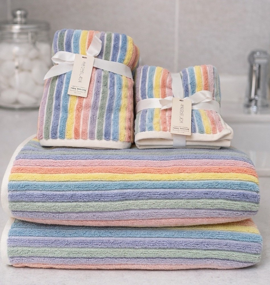 Rachel Zoe Pastel Rainbow Stripe 8-Piece Towel Set 100% Cotton NWT Retro Cool