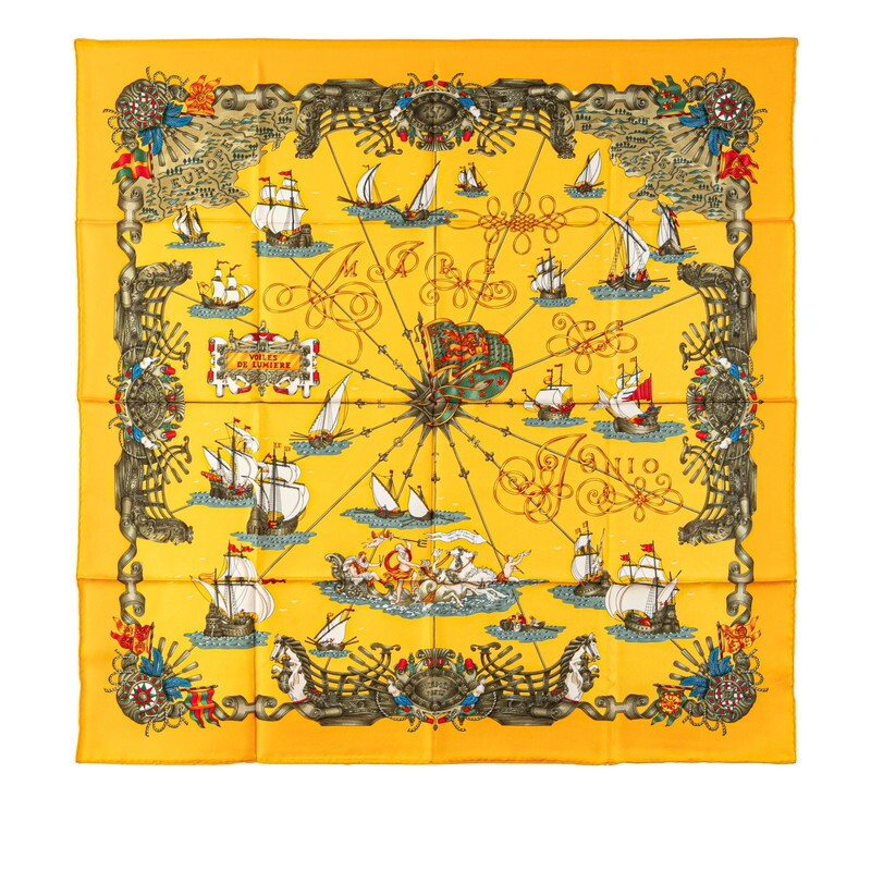 Hermes Carre 90 Voiles de Lumiere Sailboat Silk Scarf Yellow 796474