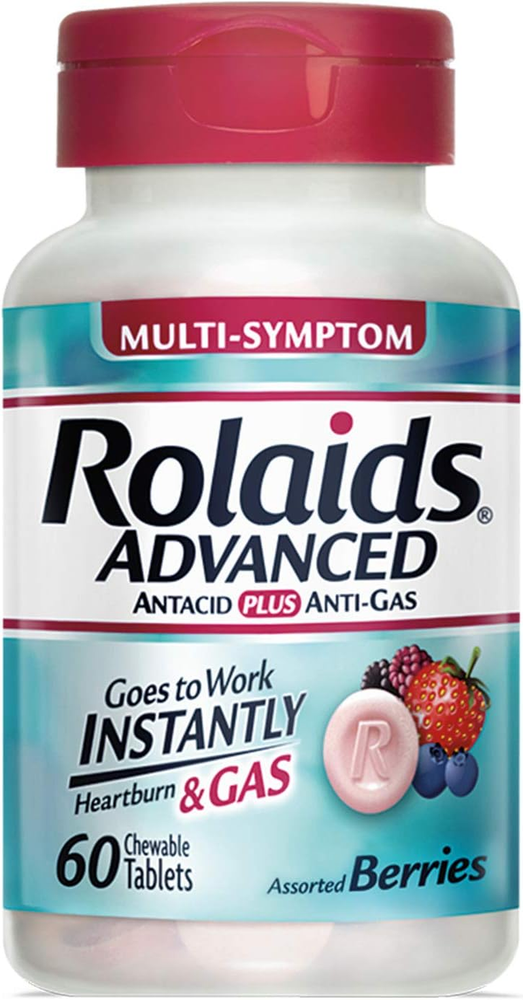 Rolaids Advanced Antacid plus Anti-Gas 60 Chewable Tablets, Assorted Berry, Hear