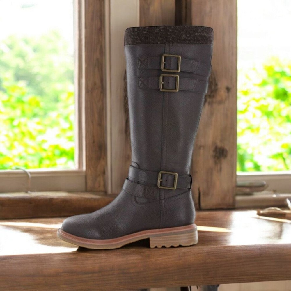 NEW MIA Riding Tall Knee Boots Buckles Size 7.5 Zip Up Brown Vegan Faux Leather