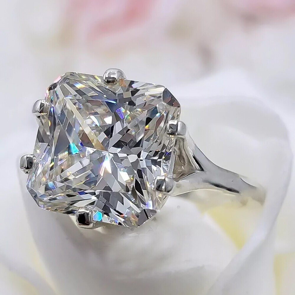 RARE 24.30 Ct Radiant Cut Off White Treated Diamond Ring in 925 Silver Cert