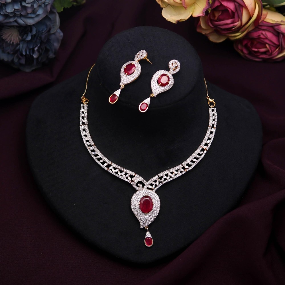 22k Gold Plated Ruby CZ Necklace Earrings Set, Wedding jewelry, Valentine gift