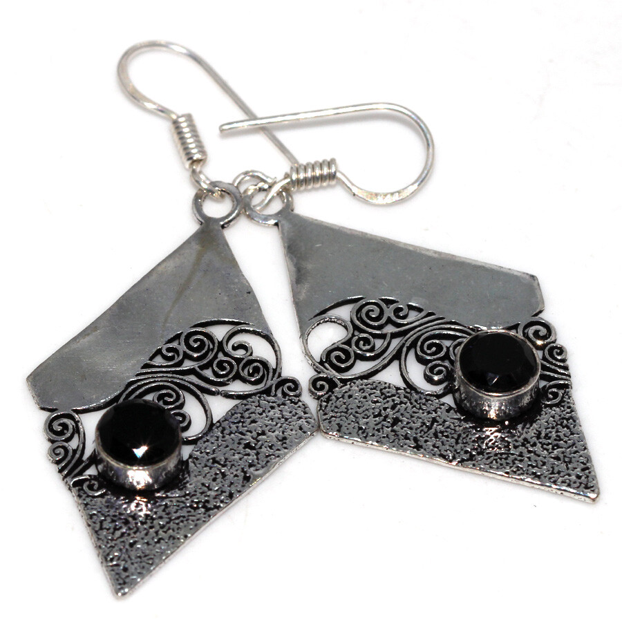 925 Silver Plated Black Onyx Ethnic Earrings Handmade Jewelry Size 2.3