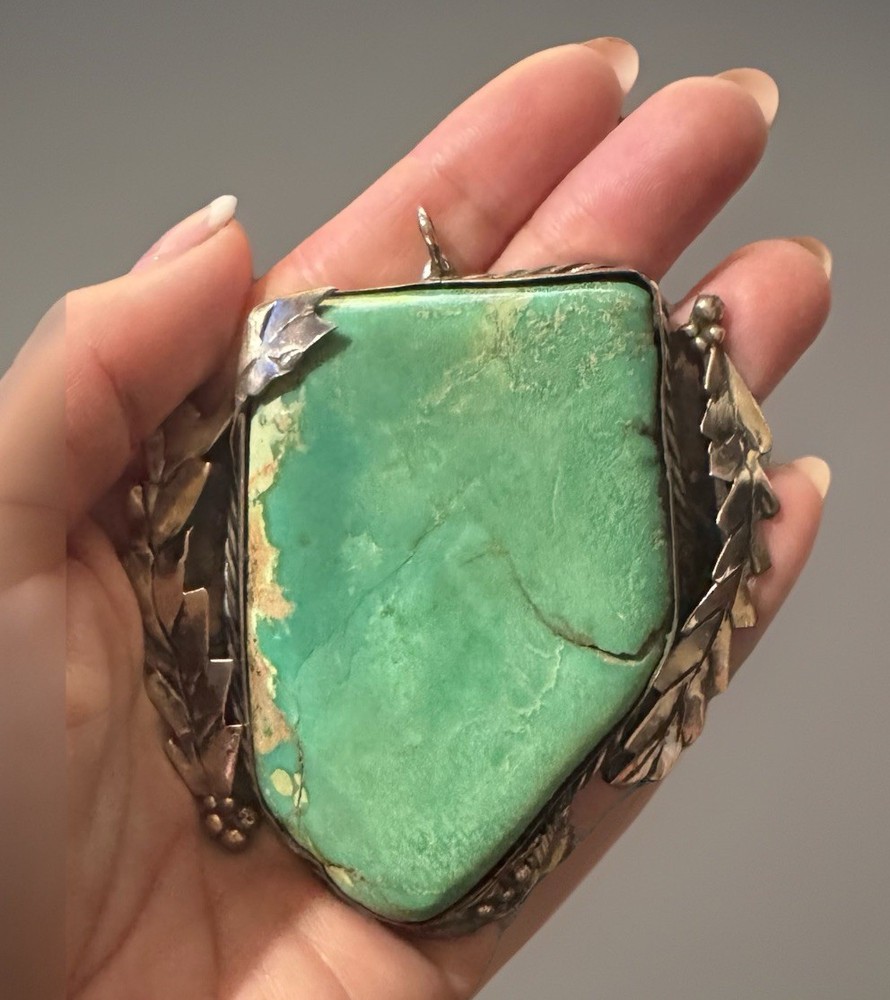 Antique Large Signed Navajo Sterling Silver Turquoise Pendant Solid  Stamped