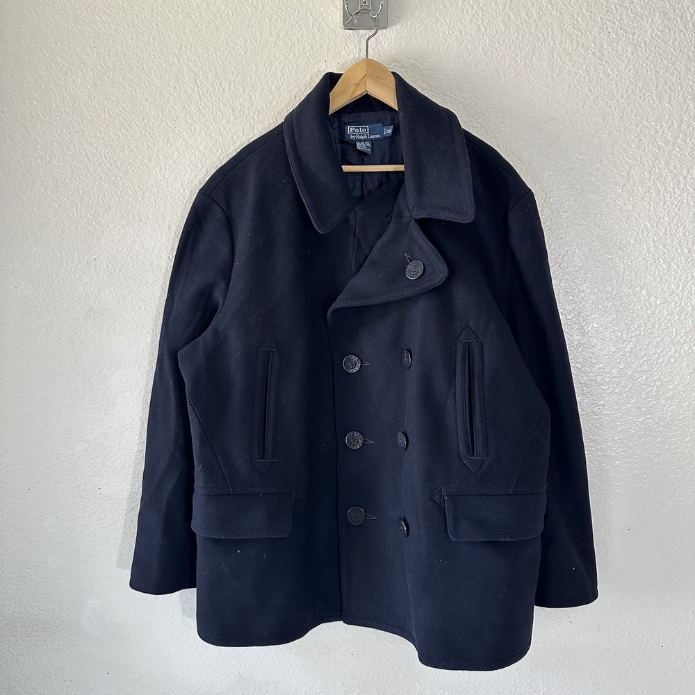 Ralph Lauren Navy Wool Double Breasted Pea Coat Men XXL Resewn Hem
