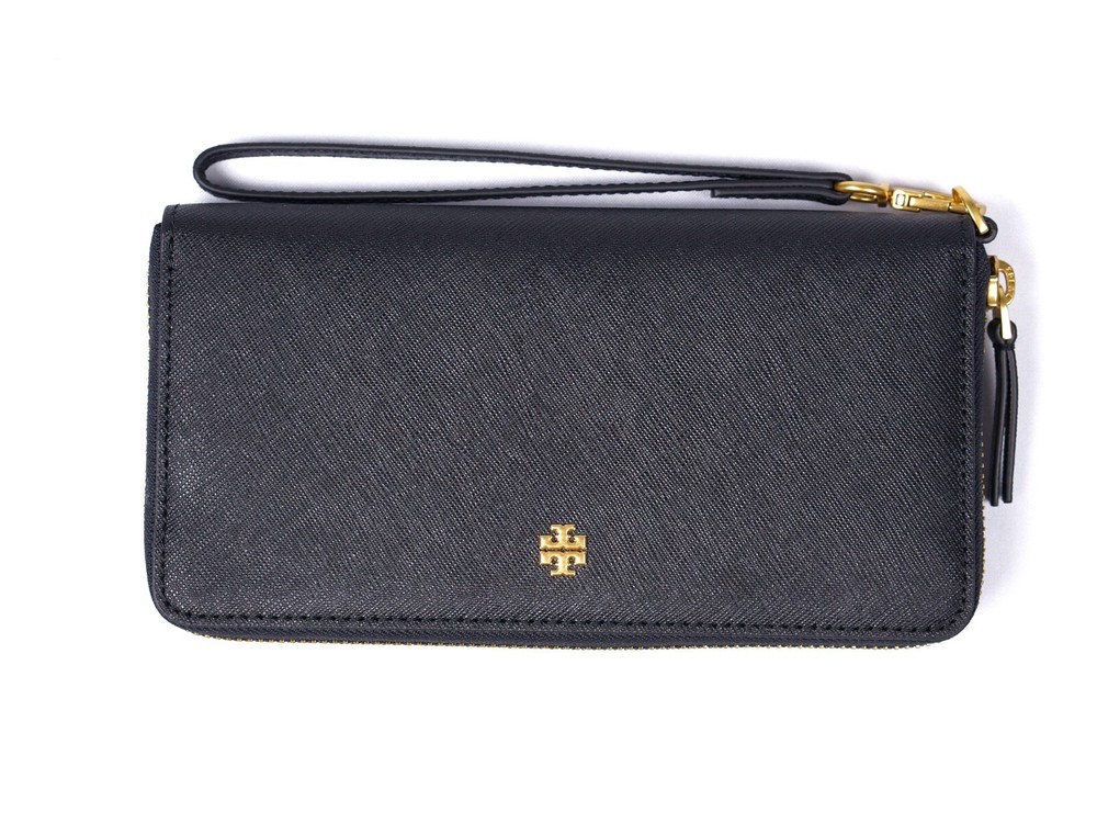 New Tory Burch Emerson Black Saffiano Leather Wristlet Continental Wallet 136110