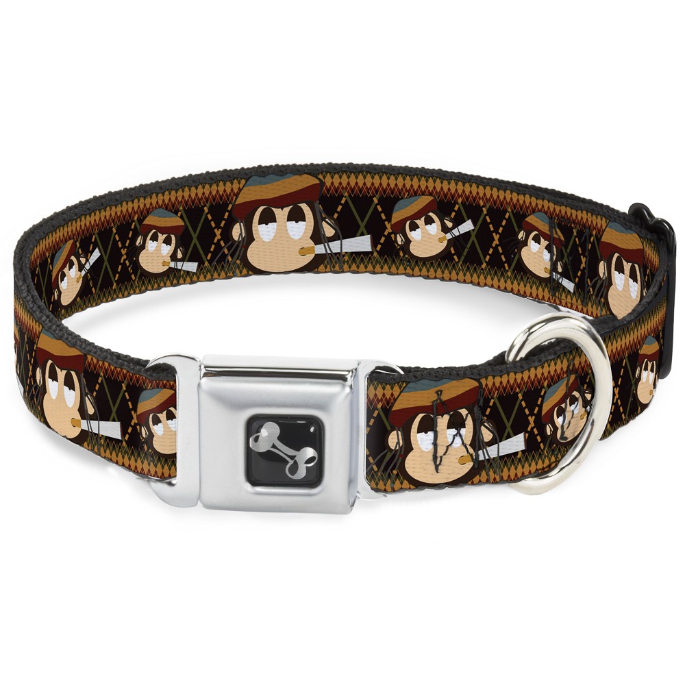 Dog Collar Bone Multi Smoking Monkey Argyle Brown WIDE-Medium 16-23
