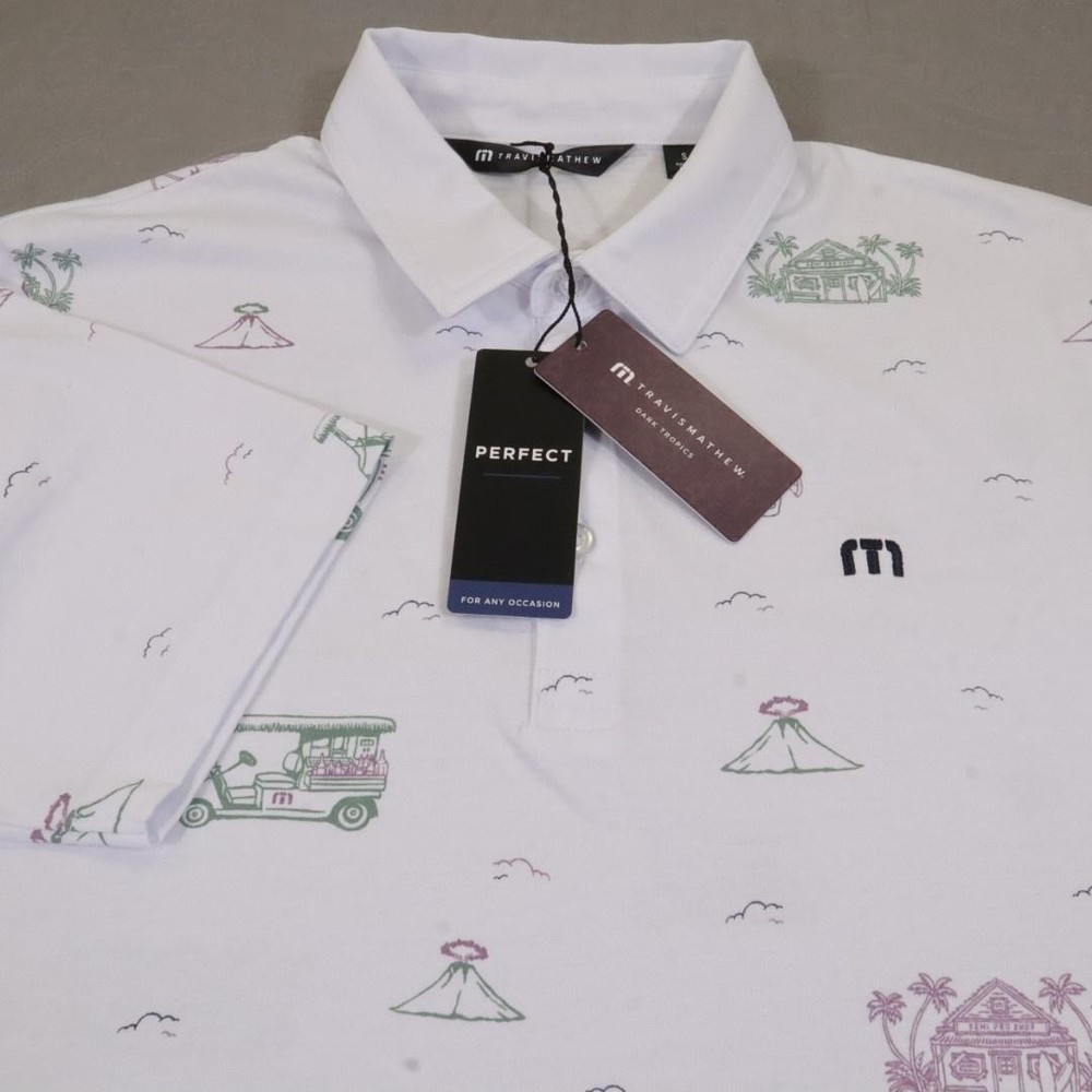 Travis Mathew Polo Shirt Mens Small White Dark Tropics Golf Print Performance