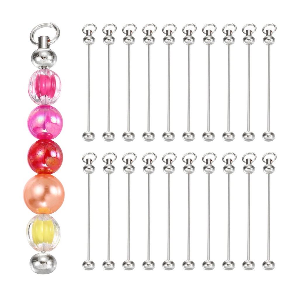 50 Pcs Metal Beadable Keychains Bars Beaded Keychain Blanks, Silver Plating