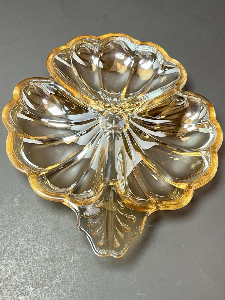 Carnival Glass Marigold Clover Leaf Candy Nut Relish Dish Iridescent Divided
