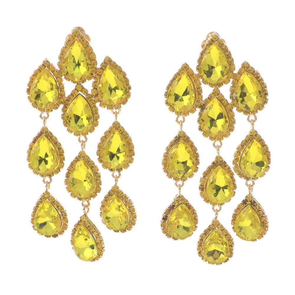 Gold Tone Metal Long Crystal Clip-On Chandelier Earrings ER2517-YLW