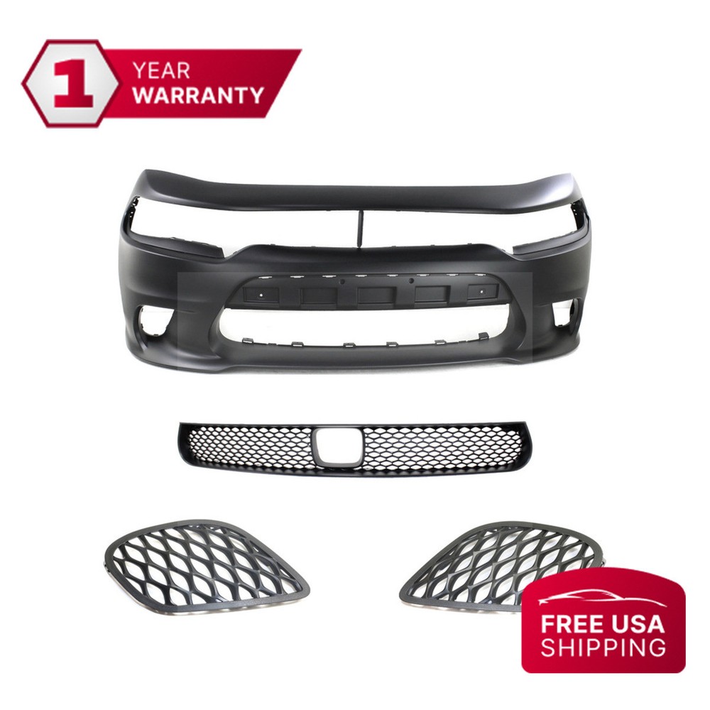Front Bumper + Grille + Fog Light Covers For 2015-2022 Dodge Charger