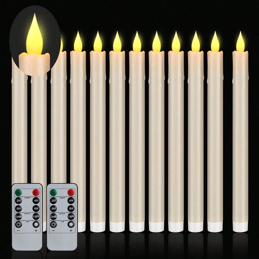 12 Pack 10.6 Inch Ivory Flameless Taper Candles with Remote Timer and Realistic Flickering LED Light