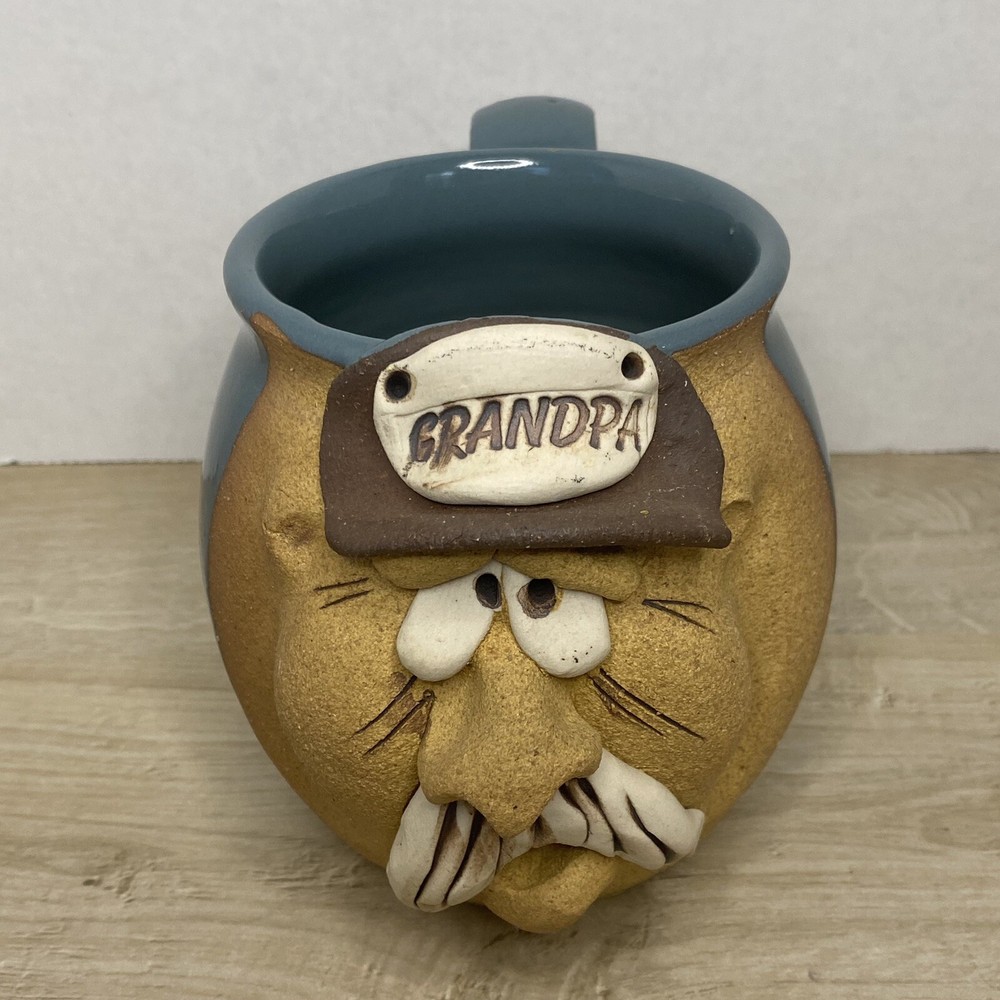 Stoneware Pottery Art 3D Funny Face Grandpa Mug Large 18 Oz Coffee Cup