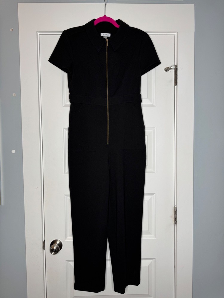 Calvin Klein Women's Size 8 Black Short Sleeve Front Zip Straight Leg Jumpsuit E