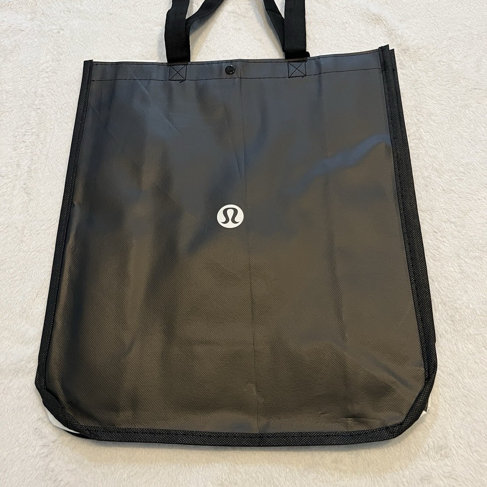 Lululemon Reusable Bag Large Black White Tote Shopping Spell out Snap Closure