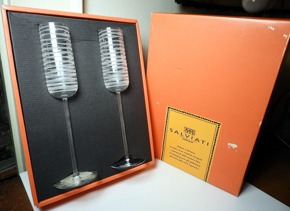 SALVIATI Italy Crystal GRAFFIATI Champagne Flutes, Pair, New in Box