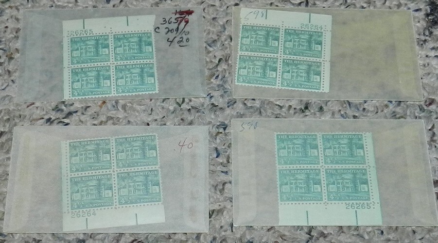Unused Stamp lot 4 Scott #1037 The Hermitage 4.5 cent Plate Blocks