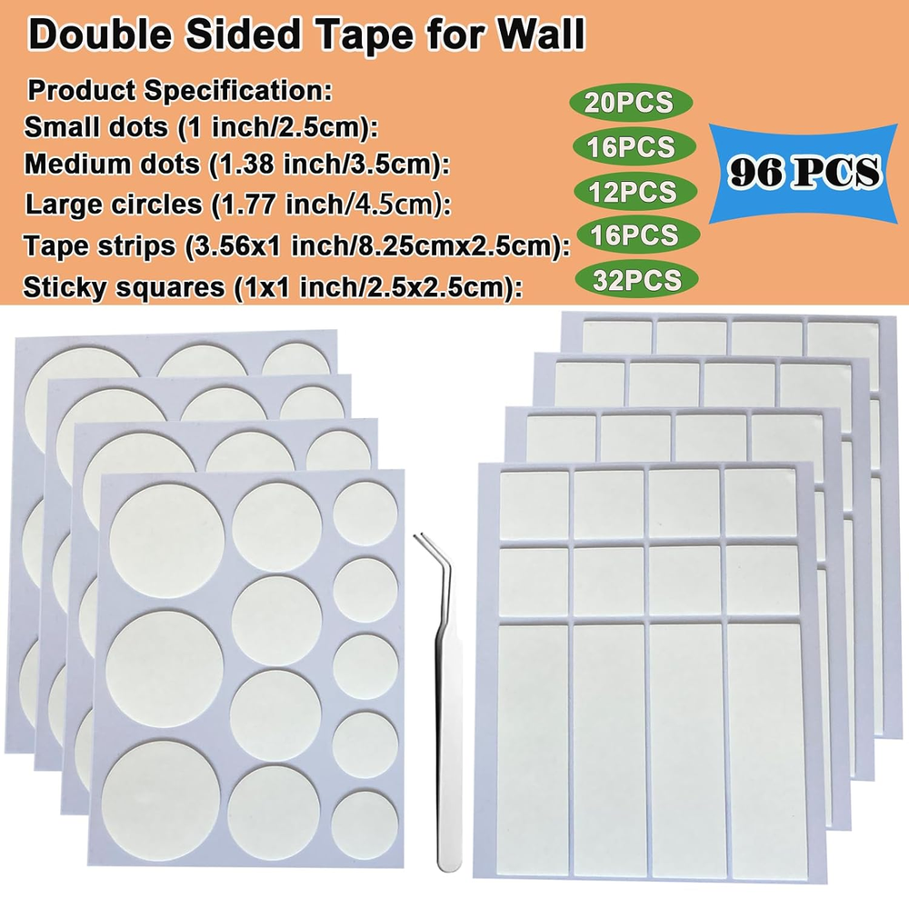 96PCS Double Sided Tape for Walls, Mounting Tape, Picture Hanging Strips