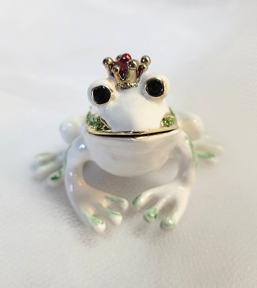 Frog Prince Jewelry Trinket Box Enamel with Magnetic Hinge White Green Crystals