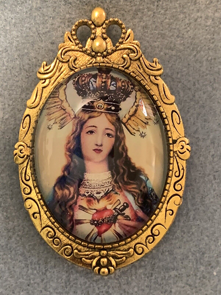 NEW- LG. CRYSTAL DOMED SACRED HEART OF MARY CAMEO BROOCH/PENDANT.COMBO. gold