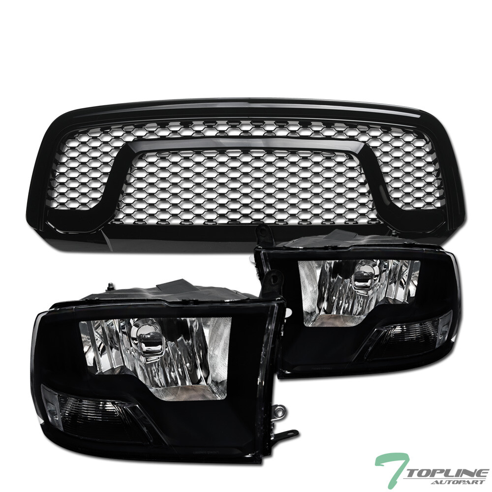 Topline For 2013-2018 Dodge Ram 1500 Black Dual Headlights nb+Rebel Mesh Grille