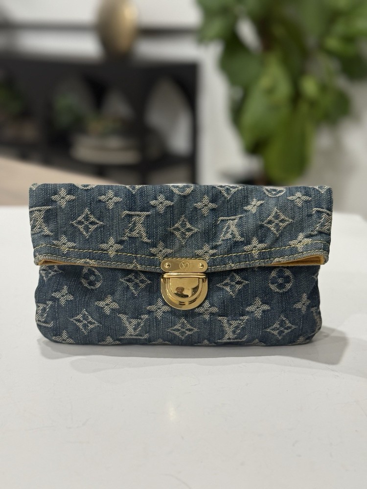 LOUIS VUITTON Monogram Denim Pochette Plat Clutch Bag Blue M95007 Authentic